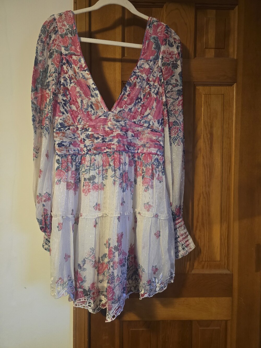 Floral V-Neck Tiered Hemant & Nandita Romper in Pink and White New With Tags